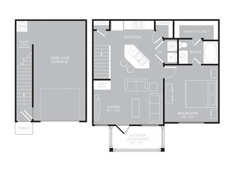 Floor plan for 1 bed, 1 bath, 750 sqft